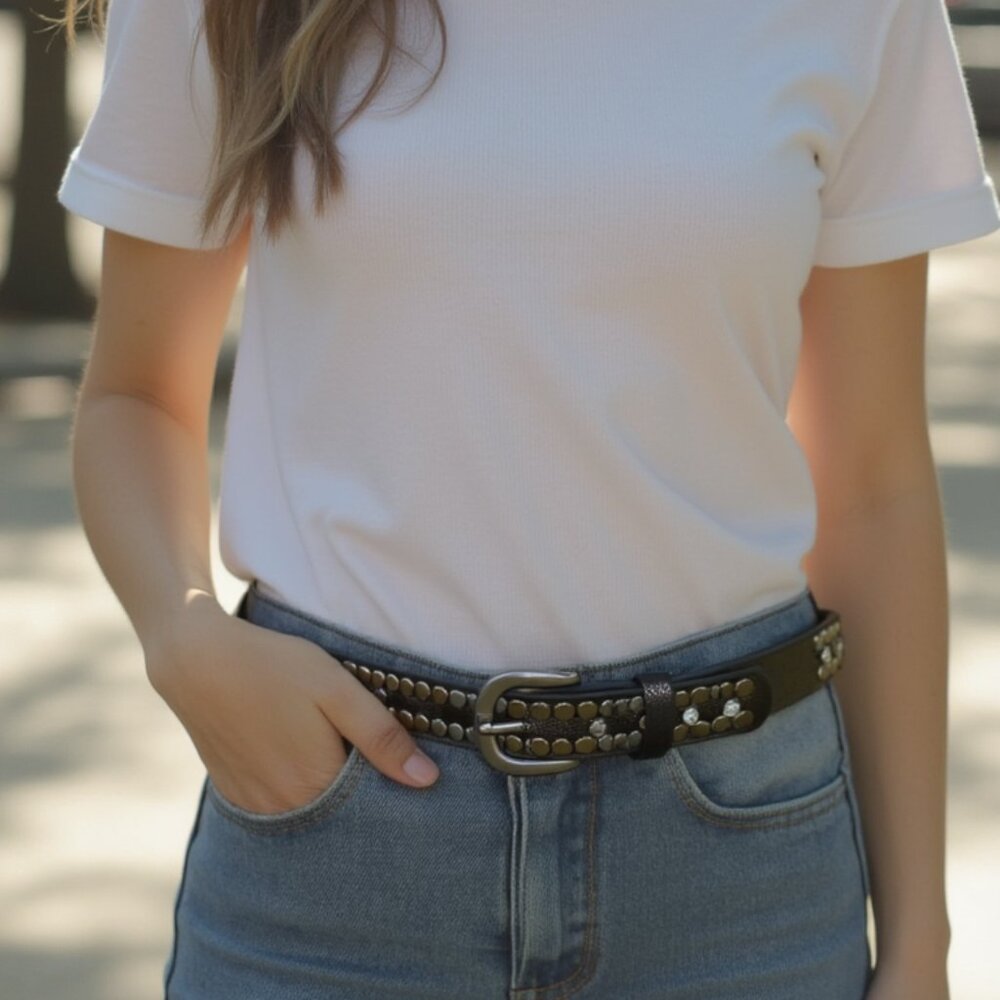 Women Silver Black Faux Leather Skinny Band Fashion Belt Silver Buckle Size S M